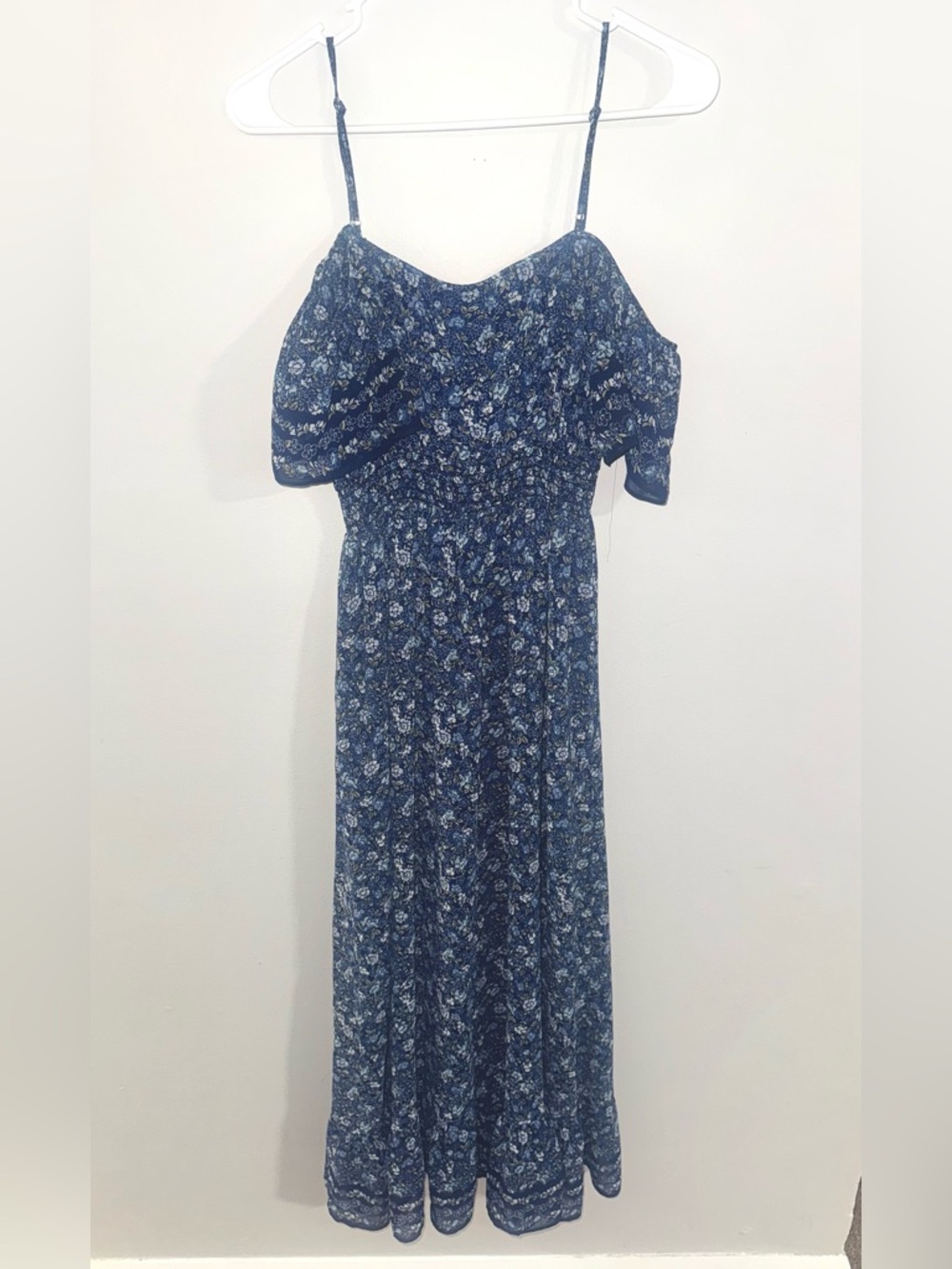 Boho Blue Floral Smocked Waist Dress Spaghetti Strap Cold Shoulder Small Medium